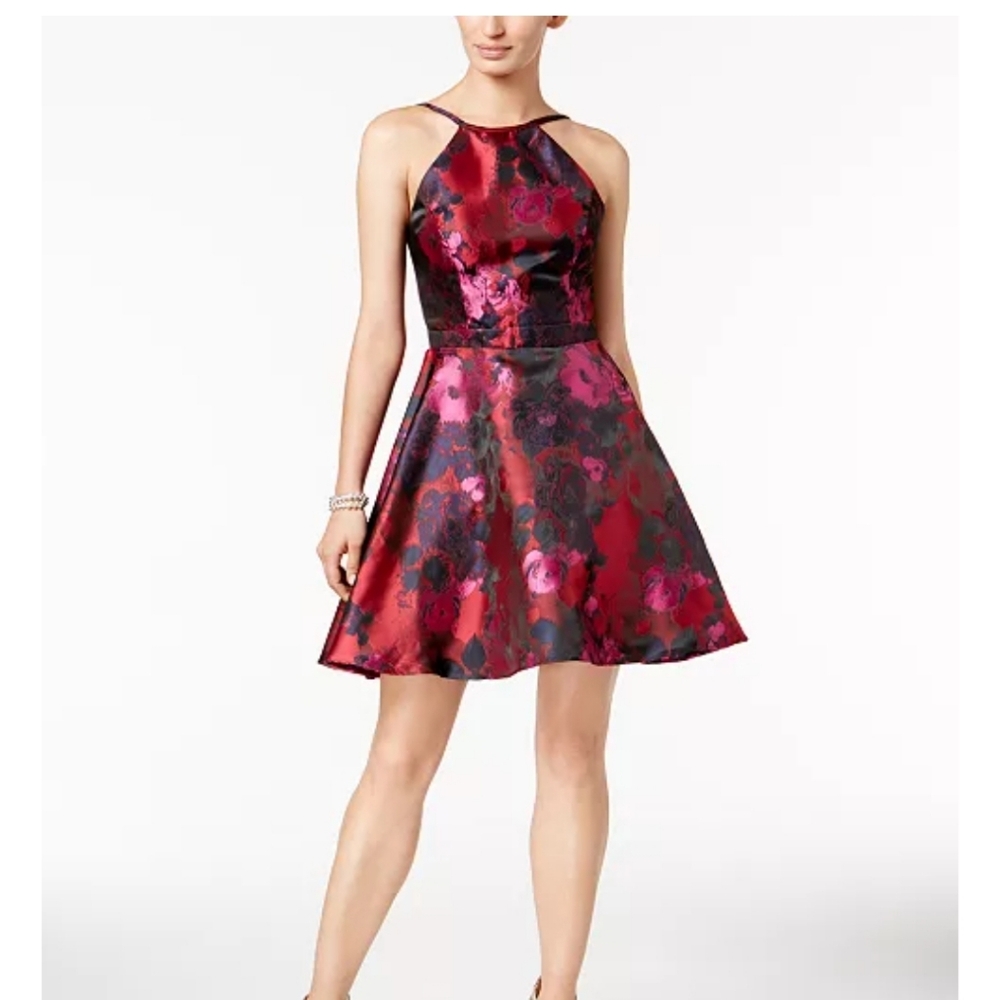 Xscape Floral Brocade Sleeveless Fit & Flare Halter Cocktail Party Prom Dress  2